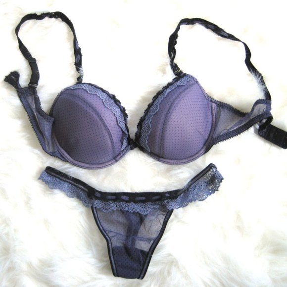 Purple Black Polka Dot Lace Padded Demi Bra Thong Set, Convertible Straps, 36B L - Picture 1 of 7
